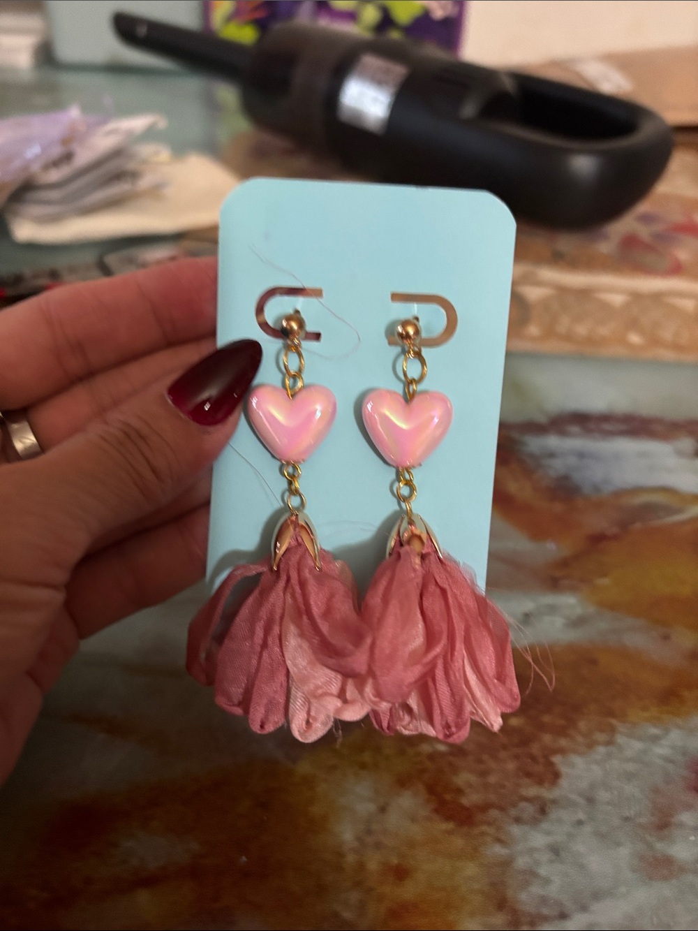 Pink Heart Tassel Drop Earrings - Gold Accents
